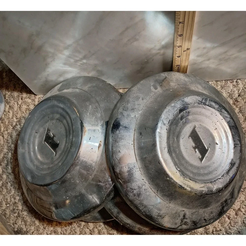 Vintage Ford Hubcaps Chrome Metal Wheel Covers Set of 4 Block F Logo 9.5 Inch